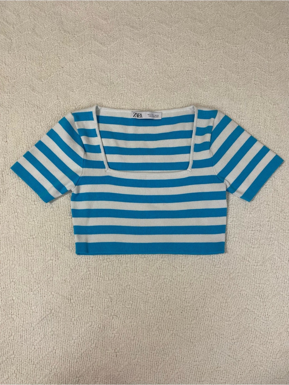 Zara Women’s Sz S  Blue White Striped Rib Knit Crop Top Square Neck Stretch